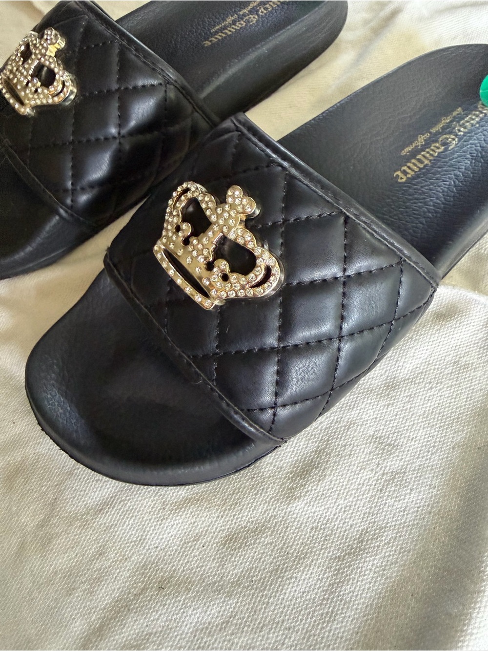 Juicy Couture Black Quilted Rhinestone Crown Slide Sandals Size 8